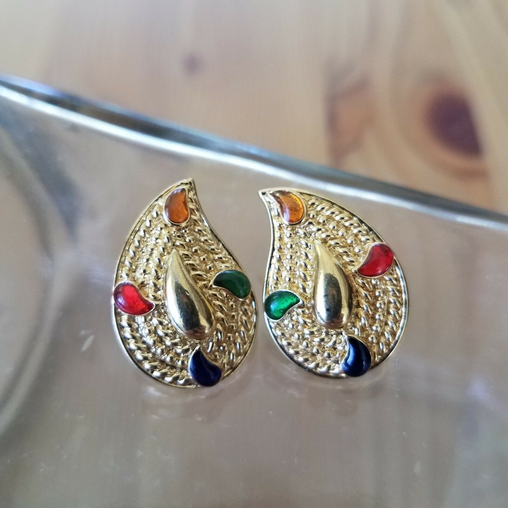 Vintage Gold Tone Multi Color Enamel Teardrop Stud Earrings Paisley Textured